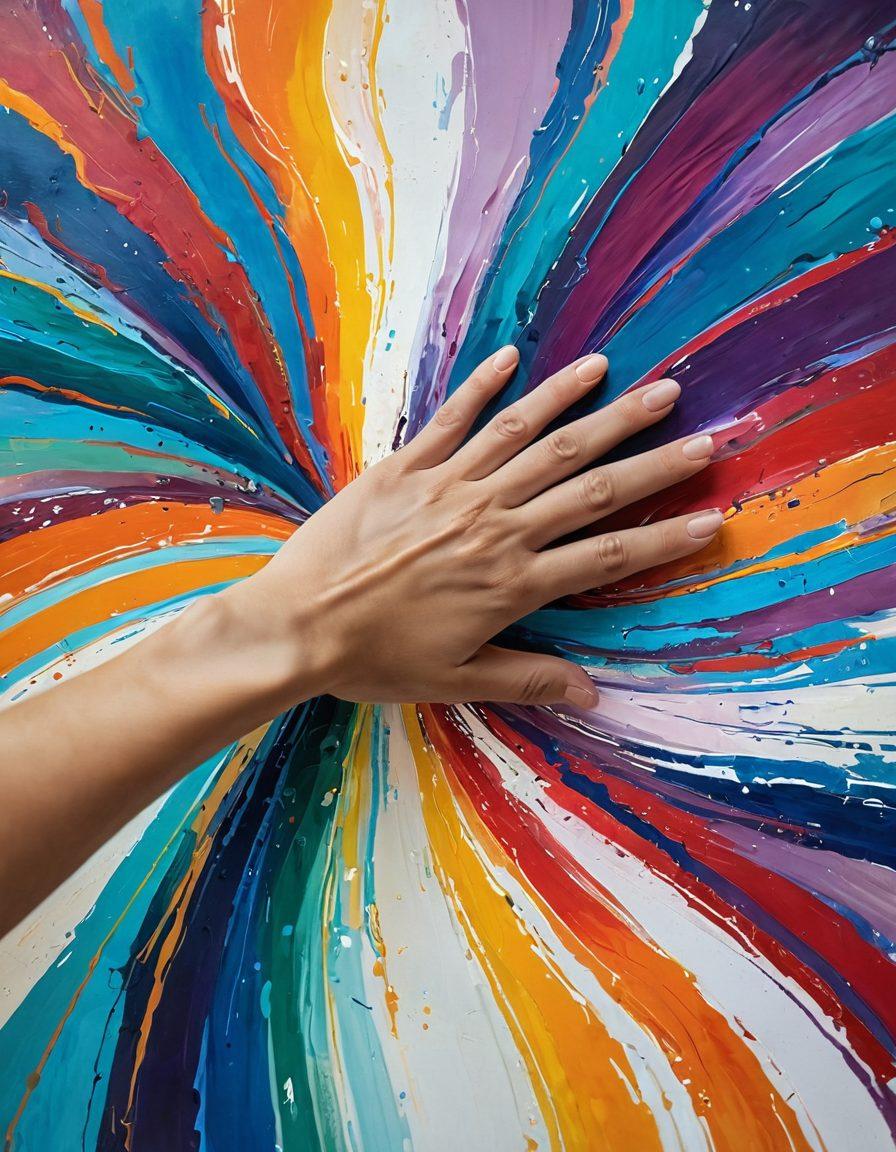 A vibrant canvas overflowing with a swirl of colors, depicting various emotional expressions, such as joy, sadness, and tranquility. In the foreground, a hand gently touches the canvas, implying a deep connection between the artist and their work. Soft light filters through, casting a glow that highlights the textures of the paint and the emotional resonance. The background features abstract shapes that represent the heart and emotions. vibrant colors. super-realistic.