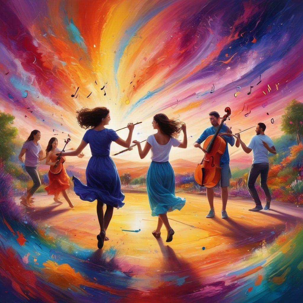 A vibrant, colorful scene depicting a diverse group of people engaging in various forms of creative expression: painting, dancing, writing, and playing musical instruments. Each person radiates joy and inspiration, surrounded by swirling patterns of bright colors that symbolize imagination and creativity. The background features a dreamlike landscape with whimsical shapes and art supplies scattered about. The overall atmosphere feels uplifting and energizing. super-realistic. vibrant colors. dynamic composition.