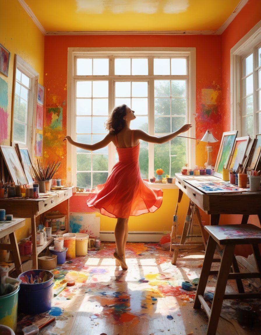 A whimsical scene depicting a vibrant artist's studio filled with colorful paint splashes and bright canvases, where a joyful figure is dancing amidst the chaos of creativity. Include art supplies like brushes and palettes, with a window revealing a sunny landscape outside. The essence of joy and transformation should be palpable, celebrating the power of artistic expression. bright colors, super-realistic, dynamic motion.